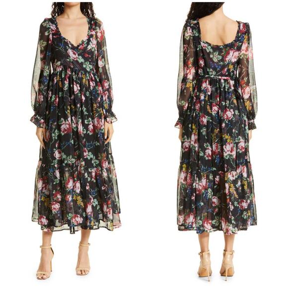 byTiMo NWT Rose Field Wrap Dress Midi Floral Size S Ruffle Trim Long Sleeves - Picture 1 of 12